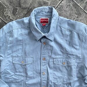HILFIGER RED LABEL PREMIUM VINTAGE Linen-Blend Men’s Chambray Blue Button Shirt